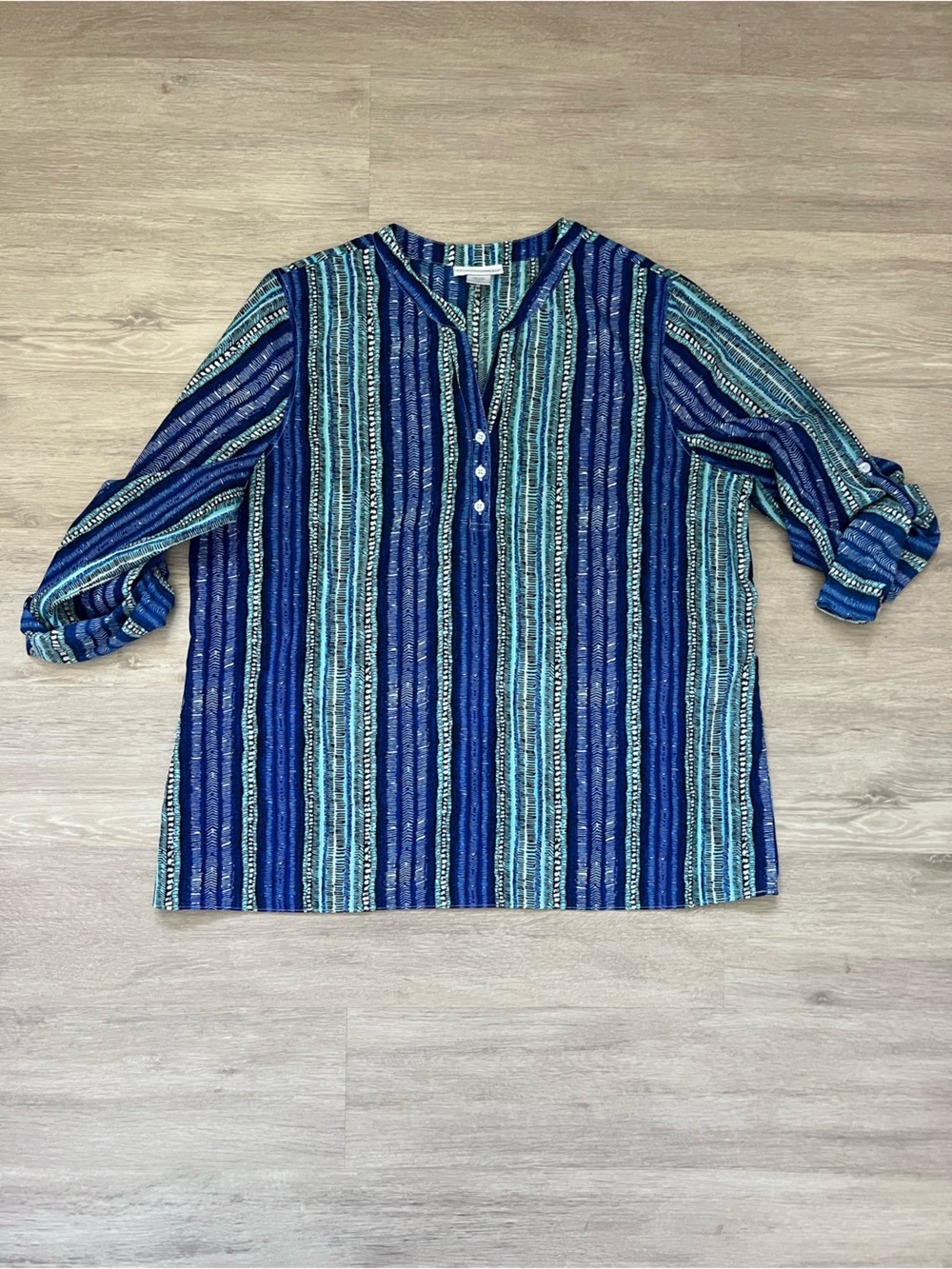 NorthStyle Blue Aqua Black Nautical Striped Blouse Rolled Cuff 1x
